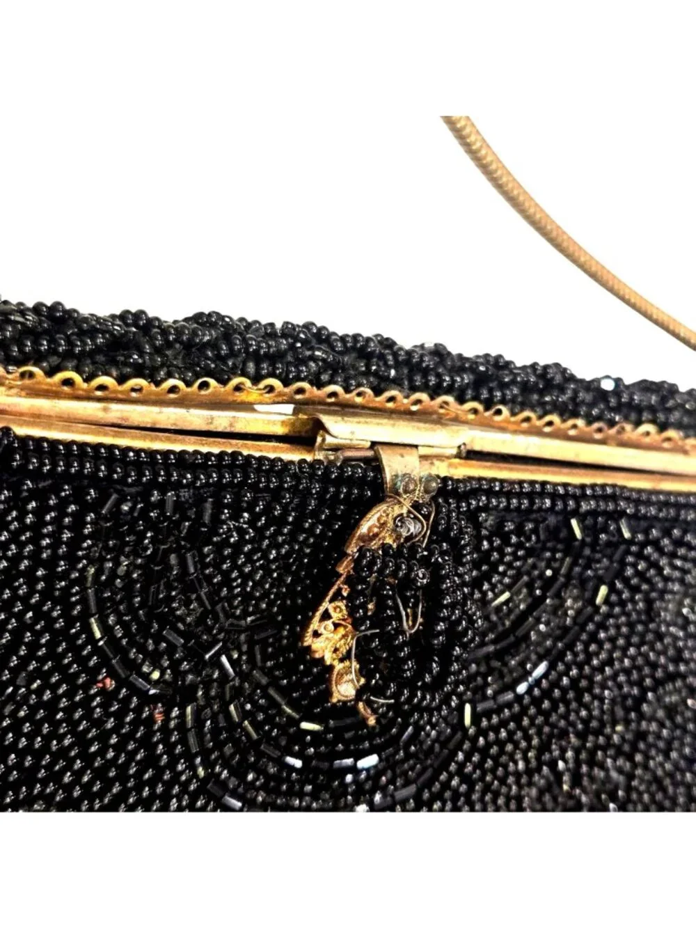 Vintage 1930's Black Seed-Beaded Scrollwork Evening Bag Hand Made in France Gold